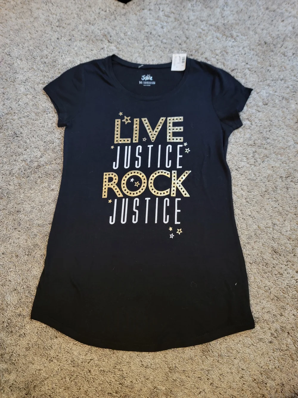 Justice Black Tee with Gold and White 'Live Rock Justice' Graphic Size 14 NWT!